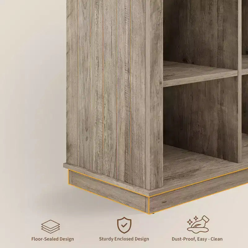 Libreria a 8 ripiani, lunga struttura orizzontale in legno per riporre oggetti, adatta per soggiorni, ingressi o uffici, robusta e durevole.