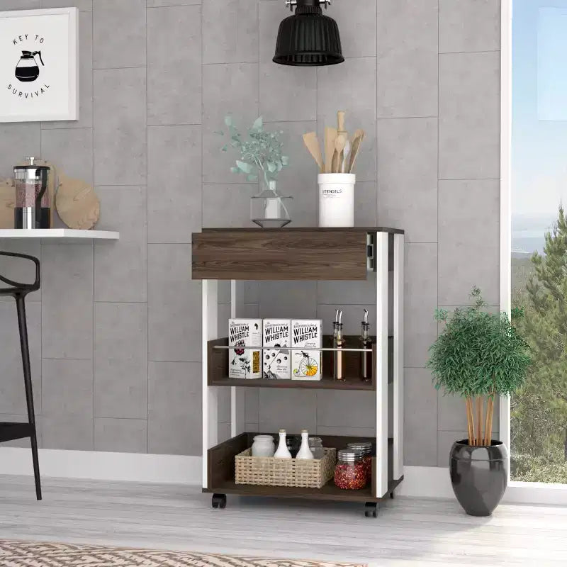 Carrello da Cucina Moderno Okak con 1 Cassetto e 2 Ripiani, Isola per Cucina con Ruote, Organizer da Banco per Cucina, Sala da Pranzo, Soggiorno, Marrone