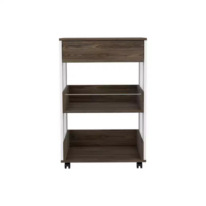 Carrello da Cucina Moderno Okak con 1 Cassetto e 2 Ripiani, Isola per Cucina con Ruote, Organizer da Banco per Cucina, Sala da Pranzo, Soggiorno, Marrone