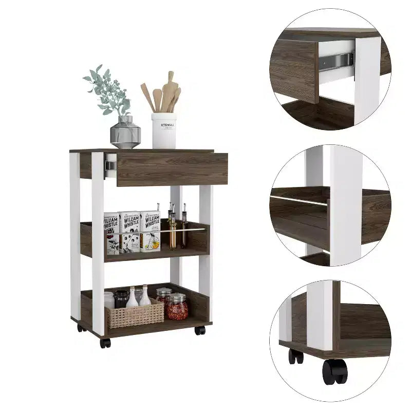 Carrello da Cucina Moderno Okak con 1 Cassetto e 2 Ripiani, Isola per Cucina con Ruote, Organizer da Banco per Cucina, Sala da Pranzo, Soggiorno, Marrone