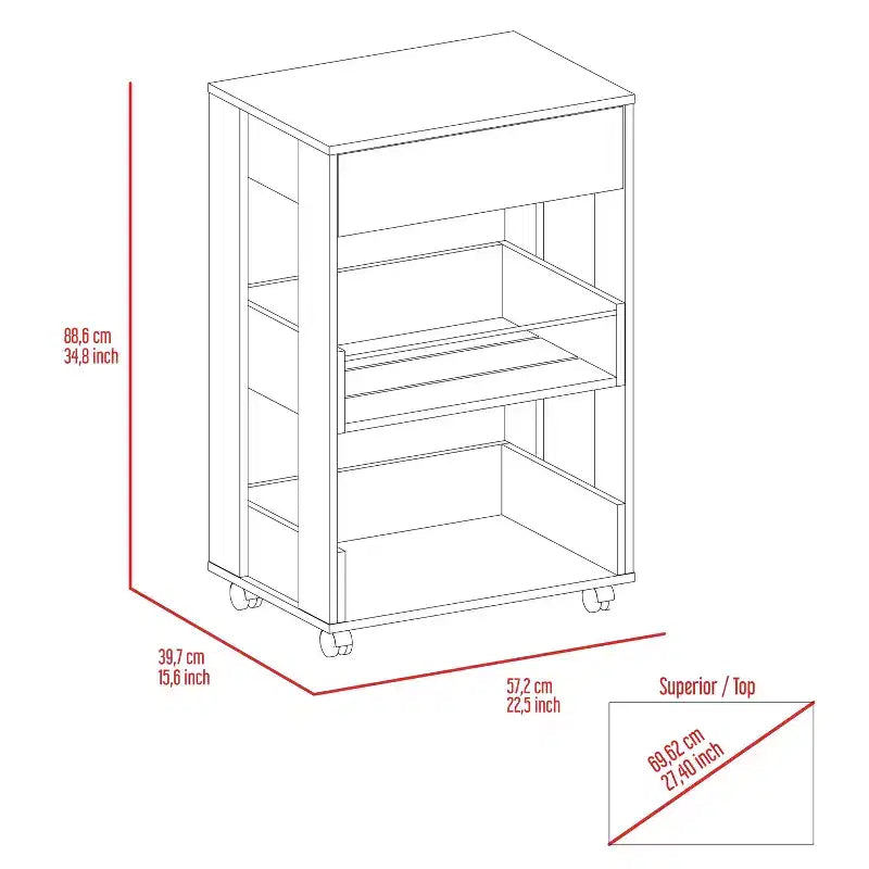 Carrello da Cucina Moderno Okak con 1 Cassetto e 2 Ripiani, Isola per Cucina con Ruote, Organizer da Banco per Cucina, Sala da Pranzo, Soggiorno, Marrone