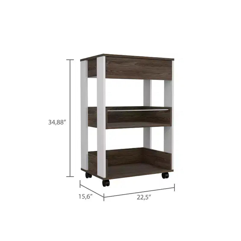 Carrello da Cucina Moderno Okak con 1 Cassetto e 2 Ripiani, Isola per Cucina con Ruote, Organizer da Banco per Cucina, Sala da Pranzo, Soggiorno, Marrone