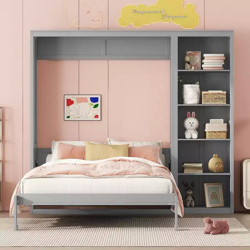 Letto a scomparsa matrimoniale/queen size con scaffali, letto a scomparsa salvaspazio per camera degli ospiti/ufficio domestico