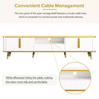 Mobile TV da 85 pollici in stile minimalista di lusso, centro di intrattenimento moderno di metà secolo con ripiano aperto, console TV con armadietti e cassetti