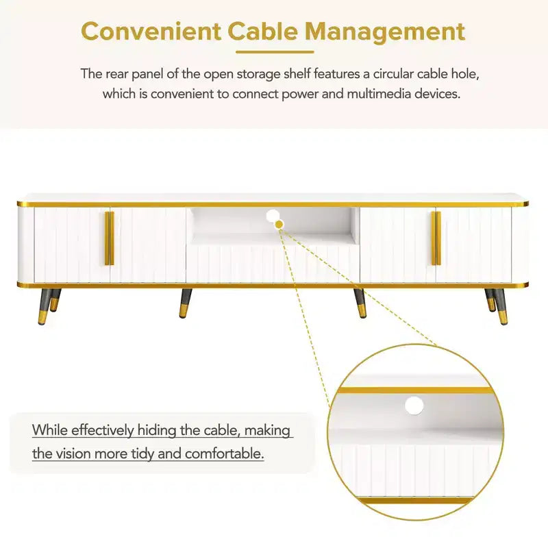 Mobile TV da 85 pollici in stile minimalista di lusso, centro di intrattenimento moderno di metà secolo con ripiano aperto, console TV con armadietti e cassetti