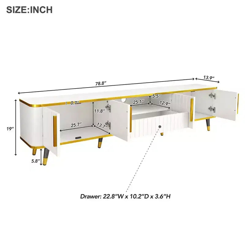 Mobile TV da 85 pollici in stile minimalista di lusso, centro di intrattenimento moderno di metà secolo con ripiano aperto, console TV con armadietti e cassetti