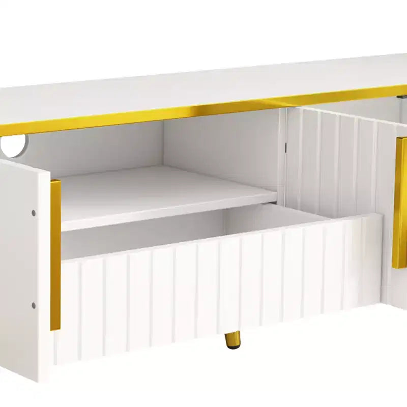 Mobile TV da 85 pollici in stile minimalista di lusso, centro di intrattenimento moderno di metà secolo con ripiano aperto, console TV con armadietti e cassetti