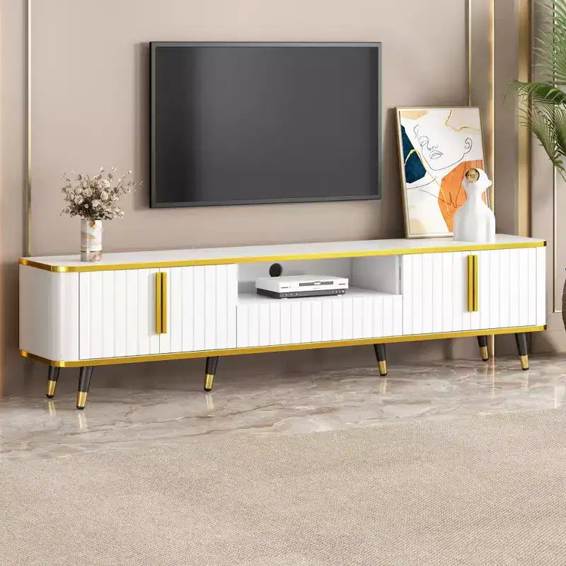 Mobile TV da 85 pollici in stile minimalista di lusso, centro di intrattenimento moderno di metà secolo con ripiano aperto, console TV con armadietti e cassetti