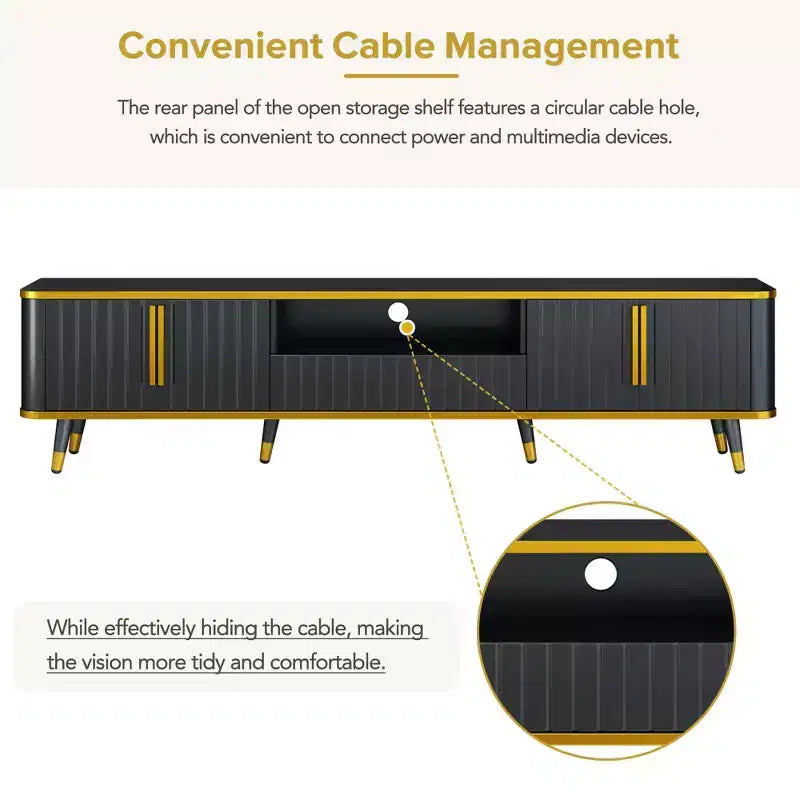 Mobile TV da 85 pollici in stile minimalista di lusso, centro di intrattenimento moderno di metà secolo con ripiano aperto, console TV con armadietti e cassetti