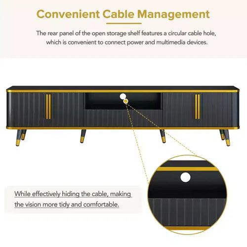 Mobile TV da 85 pollici in stile minimalista di lusso, centro di intrattenimento moderno di metà secolo con ripiano aperto, console TV con armadietti e cassetti