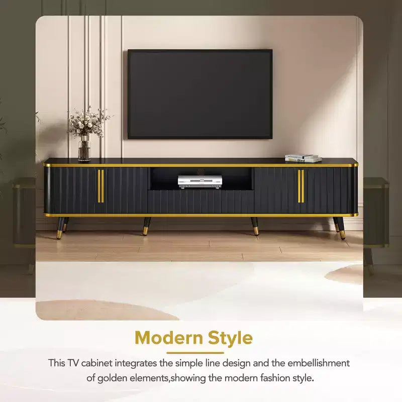 Mobile TV da 85 pollici in stile minimalista di lusso, centro di intrattenimento moderno di metà secolo con ripiano aperto, console TV con armadietti e cassetti