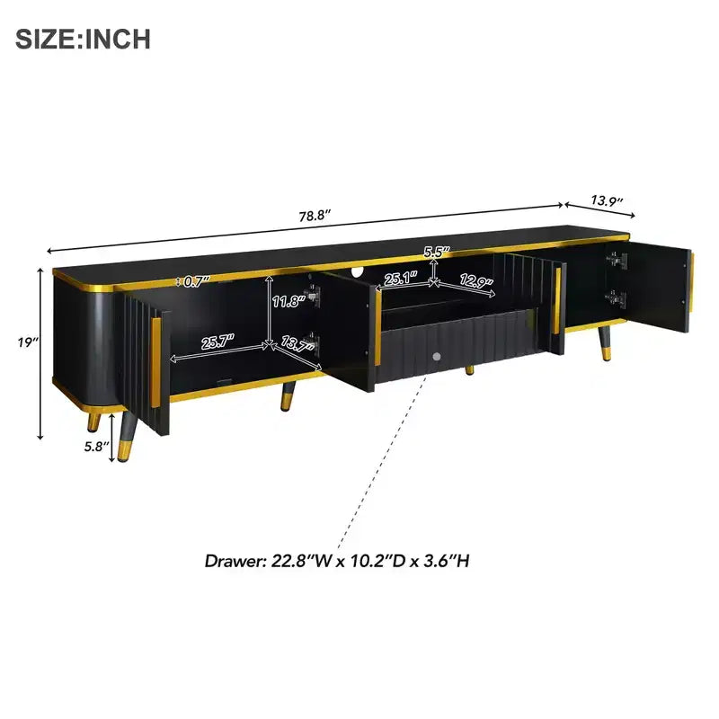 Mobile TV da 85 pollici in stile minimalista di lusso, centro di intrattenimento moderno di metà secolo con ripiano aperto, console TV con armadietti e cassetti