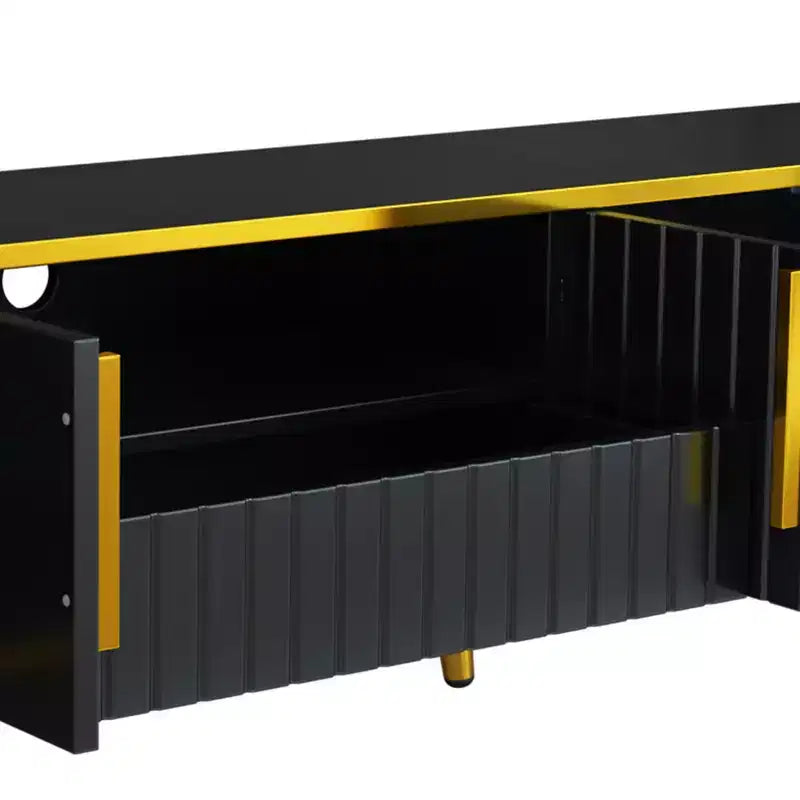 Mobile TV da 85 pollici in stile minimalista di lusso, centro di intrattenimento moderno di metà secolo con ripiano aperto, console TV con armadietti e cassetti