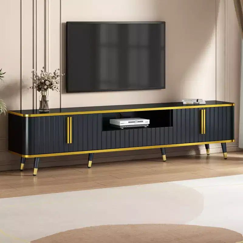 Mobile TV da 85 pollici in stile minimalista di lusso, centro di intrattenimento moderno di metà secolo con ripiano aperto, console TV con armadietti e cassetti