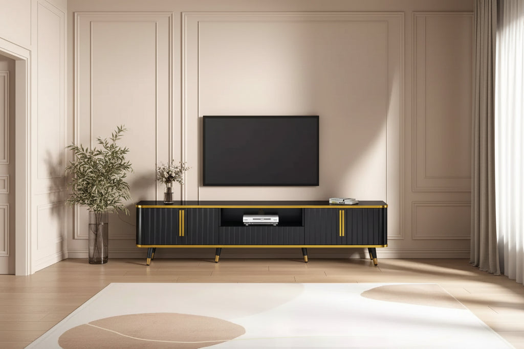 85 in Luxury Minimalism TV Stand, Modern Mid Century Entertainment Center with Open Storage Shelf,TV Console Table with Cabinets and Drawers