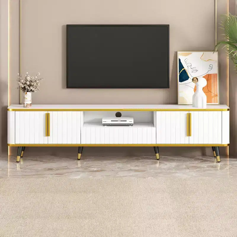 Mobile TV da 85 pollici in stile minimalista di lusso, centro di intrattenimento moderno di metà secolo con ripiano aperto, console TV con armadietti e cassetti