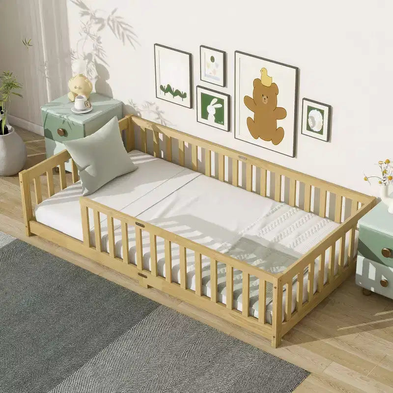 Bellemave Twin Floor Bed with Fence, Solid Rubber Wood Montessori Bed Frame for Kids, Low Profile Design with Slats, Natural Finish