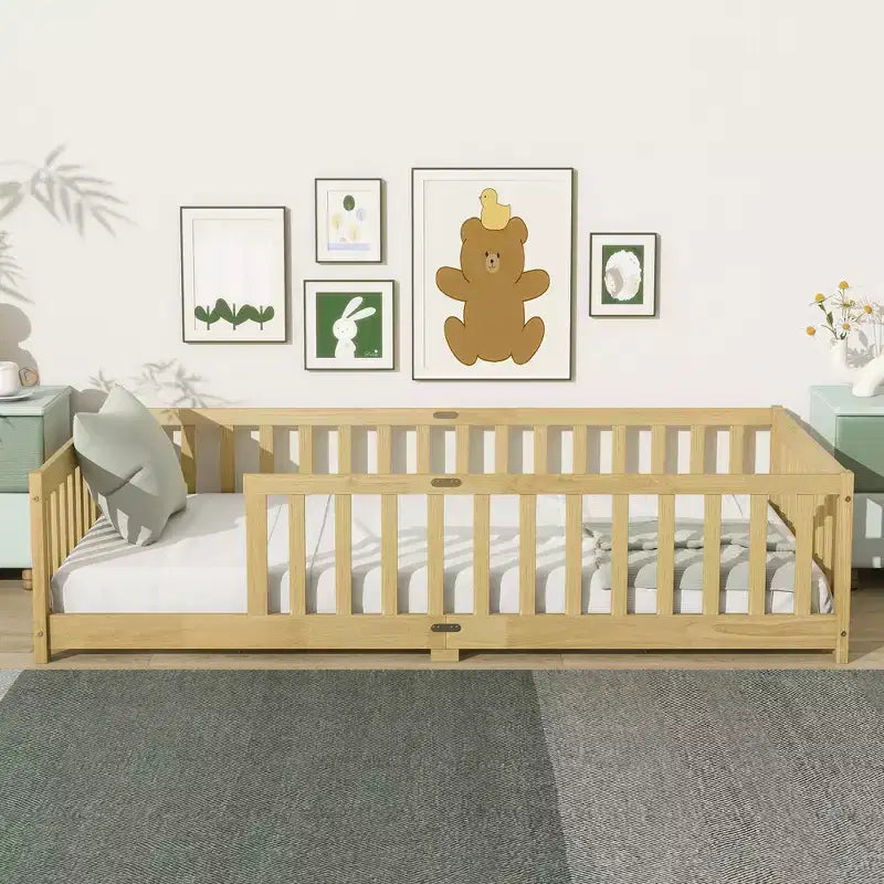 Letto a piattaforma singolo Bellemave con recinzione, struttura letto Montessori in legno massello di gomma per bambini, design a basso profilo con doghe, finitura naturale