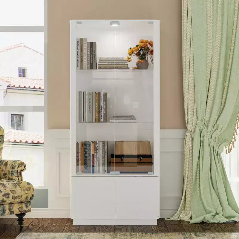 White Display Cabinet with Tempered Glass & Top Spotlight,Minimalist Bookcase,Collectibles Display & Storage,for Home Office/Study/Living Room