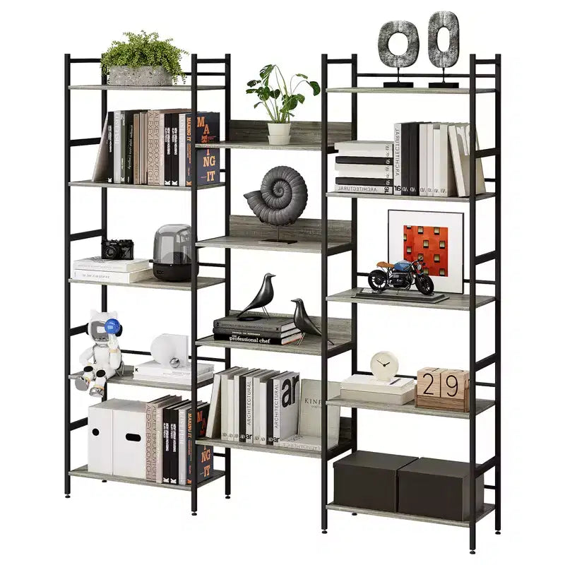 Scaffale a 5 ripiani, scaffali espositivi, libreria industriale con struttura in metallo, mobili moderni alti per casa, ufficio, studio, soggiorno