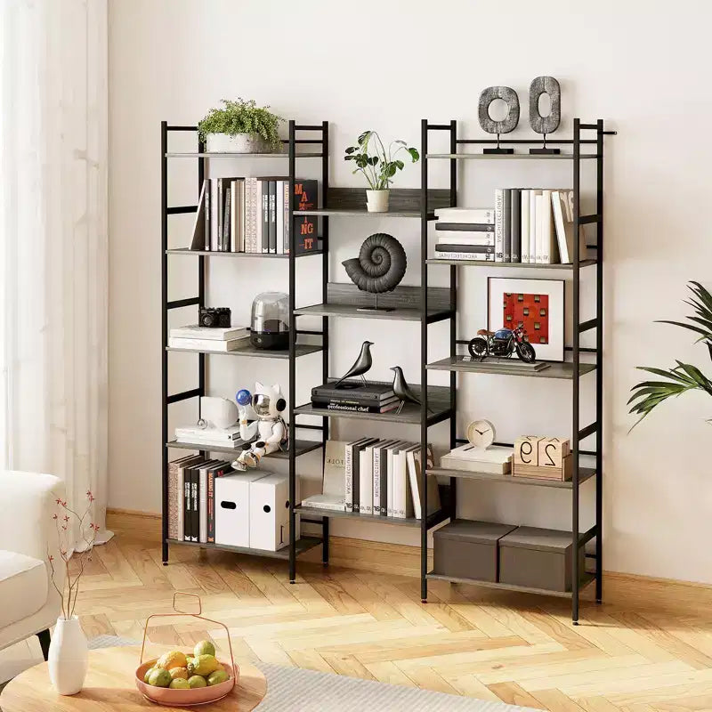 Scaffale a 5 ripiani, scaffali espositivi, libreria industriale con struttura in metallo, mobili moderni alti per casa, ufficio, studio, soggiorno