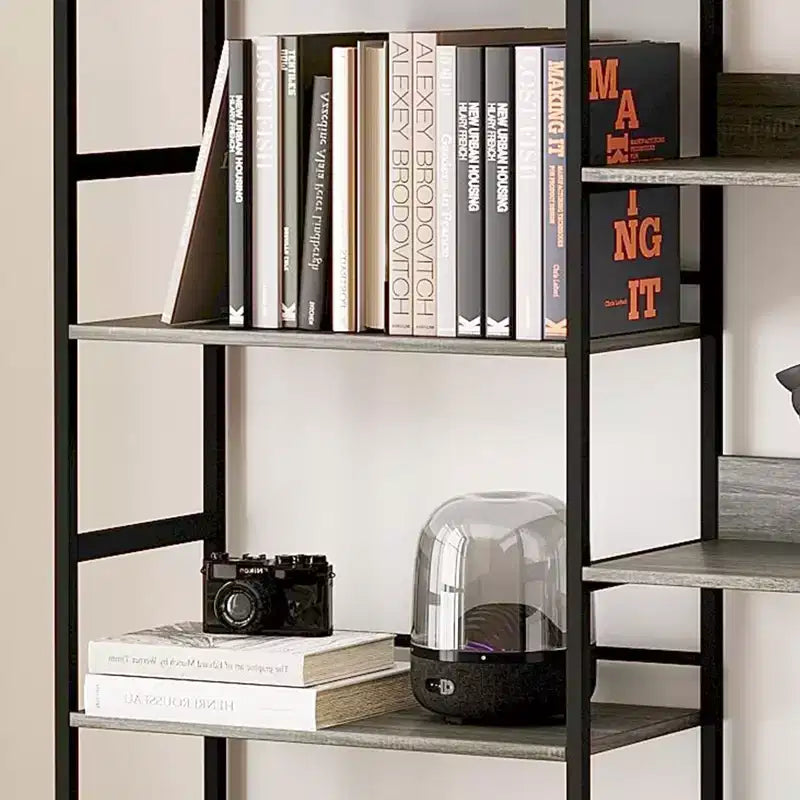 Scaffale a 5 ripiani, scaffali espositivi, libreria industriale con struttura in metallo, mobili moderni alti per casa, ufficio, studio, soggiorno