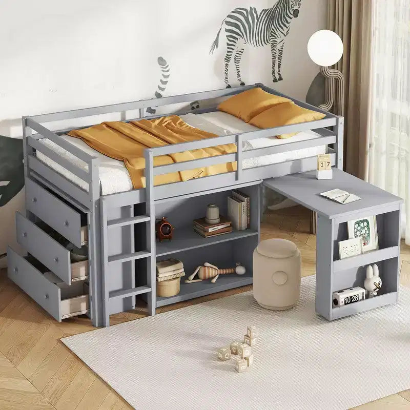 MAYEERTY Letto a soppalco con cassettiera, mensola, armadio e scrivania estraibile, letto a soppalco in legno di gomma con sponda di sicurezza e scaletta grigio