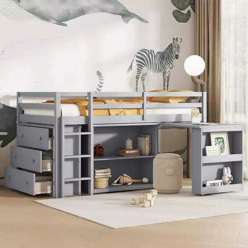 MAYEERTY Letto a soppalco con cassettiera, mensola, armadio e scrivania estraibile, letto a soppalco in legno di gomma con sponda di sicurezza e scaletta grigio