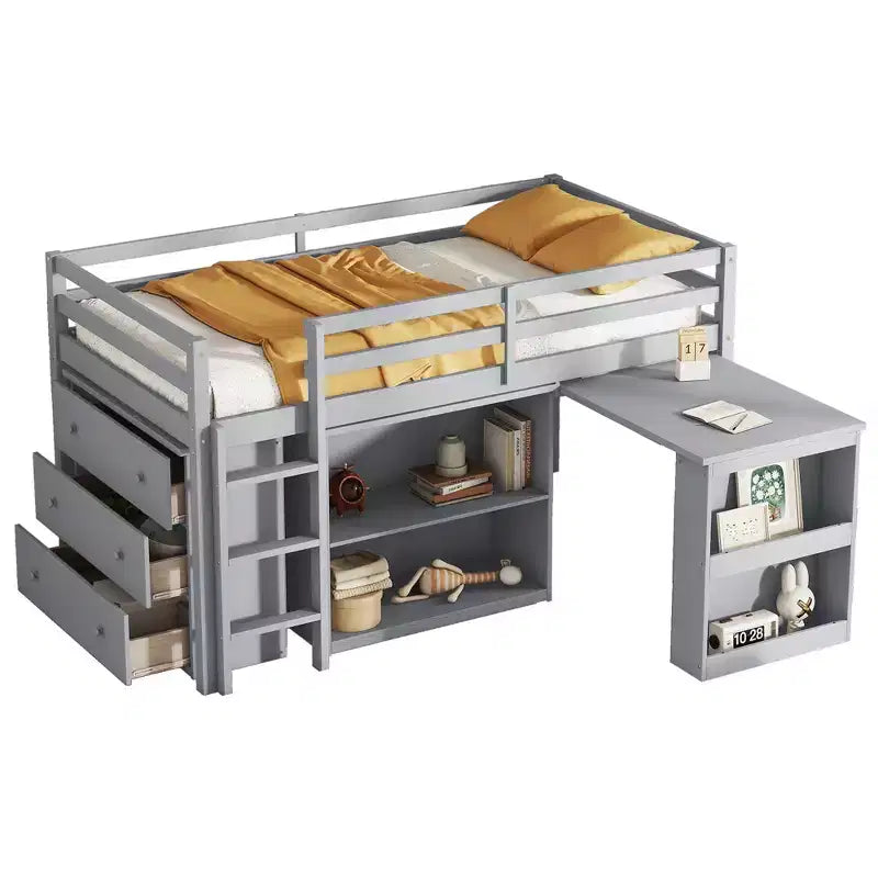 MAYEERTY Letto a soppalco con cassettiera, mensola, armadio e scrivania estraibile, letto a soppalco in legno di gomma con sponda di sicurezza e scaletta grigio