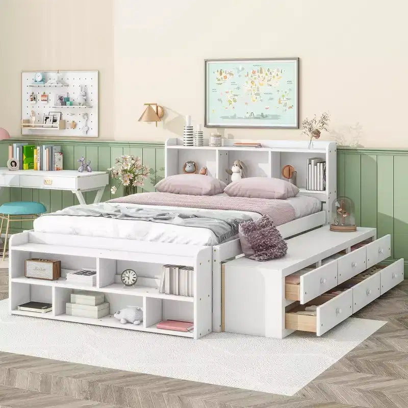 MAYEERTY Letto Matrimoniale in Legno Massello con Testiera Libreria Cassetti Contenitore Sottoletto e Contenitore a Fondo Letto per Camera da Letto Bianco