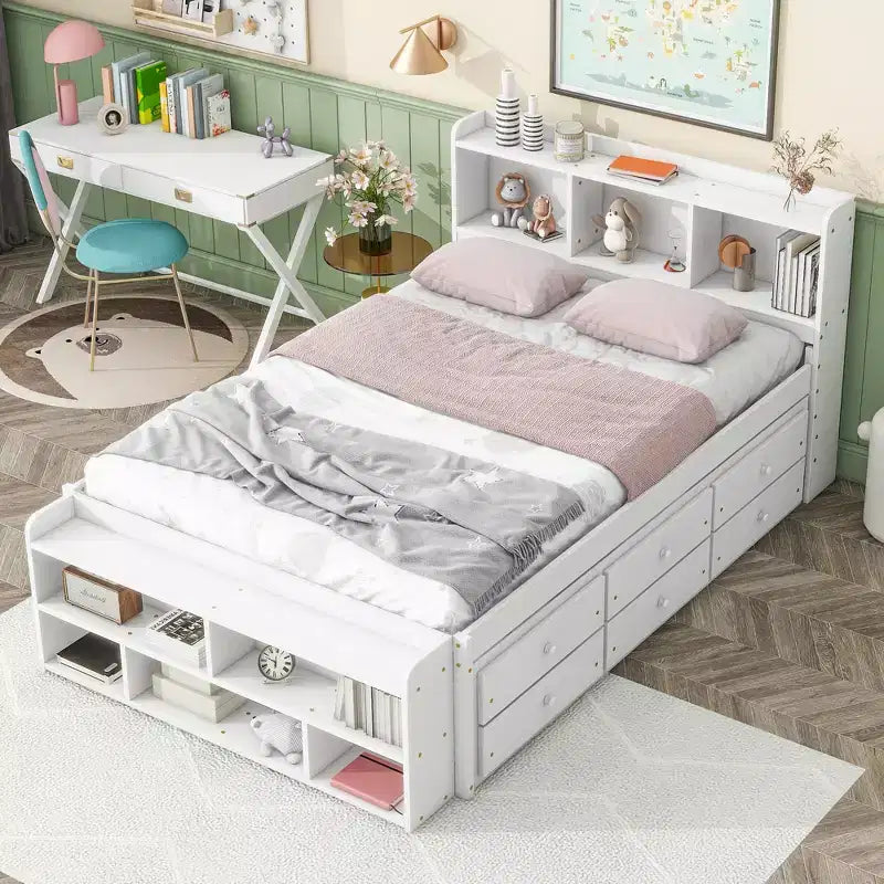 MAYEERTY Letto Matrimoniale in Legno Massello con Testiera Libreria Cassetti Contenitore Sottoletto e Contenitore a Fondo Letto per Camera da Letto Bianco
