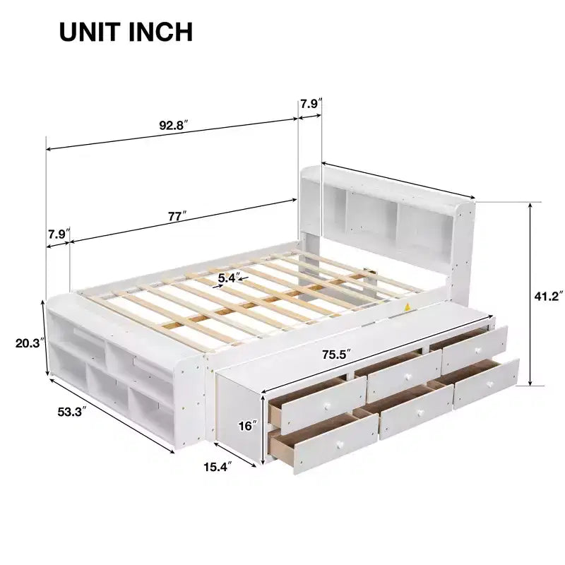 MAYEERTY Letto Matrimoniale in Legno Massello con Testiera Libreria Cassetti Contenitore Sottoletto e Contenitore a Fondo Letto per Camera da Letto Bianco