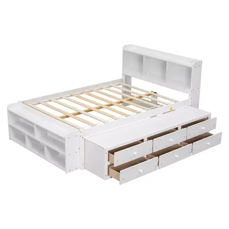 MAYEERTY Letto Matrimoniale in Legno Massello con Testiera Libreria Cassetti Contenitore Sottoletto e Contenitore a Fondo Letto per Camera da Letto Bianco
