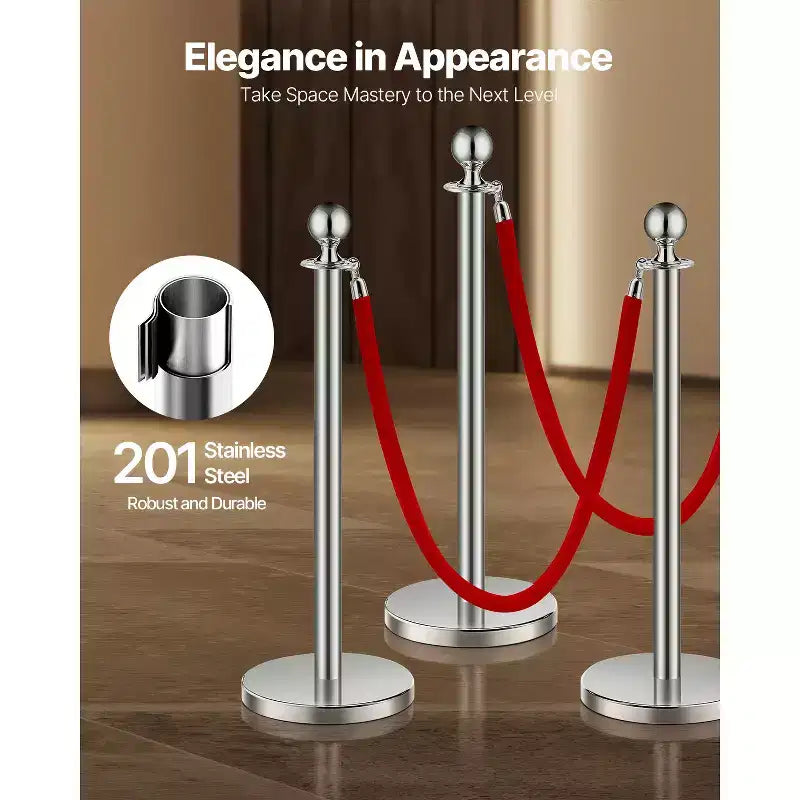 VEVOR Colonne tendiflex e Corde di Velluto 6 Pezzi, Base Cava con Palo in Acciaio Inox, 3 Corde e Pali di Velluto Rossi, Transenne per Controllo Folla, Argento