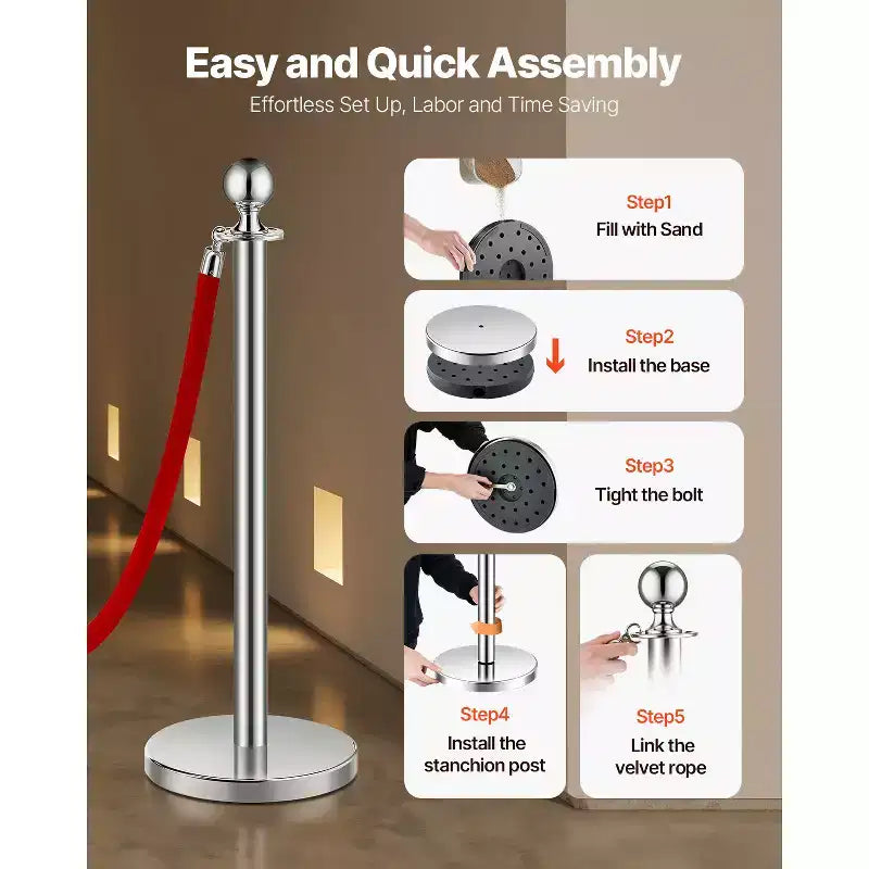VEVOR Colonne tendiflex e Corde di Velluto 6 Pezzi, Base Cava con Palo in Acciaio Inox, 3 Corde e Pali di Velluto Rossi, Transenne per Controllo Folla, Argento