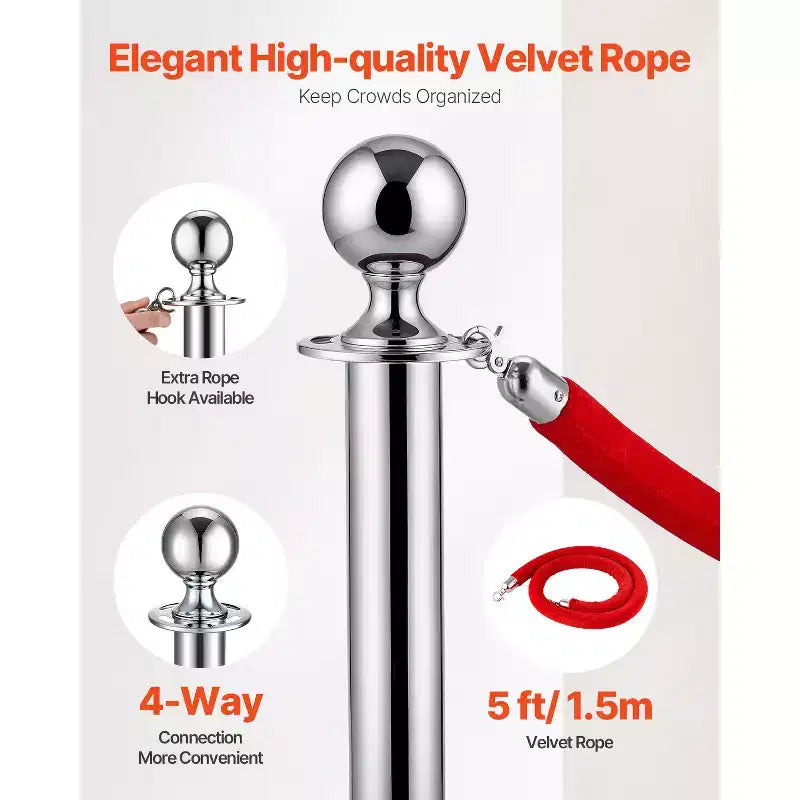 VEVOR Colonne tendiflex e Corde di Velluto 6 Pezzi, Base Cava con Palo in Acciaio Inox, 3 Corde e Pali di Velluto Rossi, Transenne per Controllo Folla, Argento