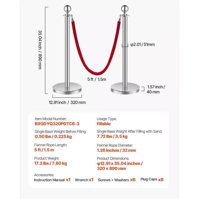 VEVOR Colonne tendiflex e Corde di Velluto 6 Pezzi, Base Cava con Palo in Acciaio Inox, 3 Corde e Pali di Velluto Rossi, Transenne per Controllo Folla, Argento