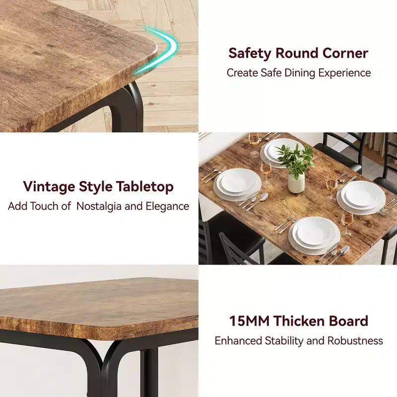 Set da 5 Pezzi per Cucina Sala da Pranzo, Tavolo e Sedie con Struttura in Metallo e Piano in Legno, Tavolo da Pranzo Quadrato, Facile da Montare, per la Casa