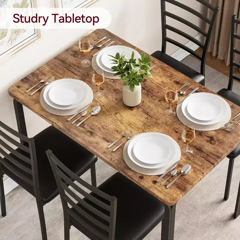 Set da 5 Pezzi per Cucina Sala da Pranzo, Tavolo e Sedie con Struttura in Metallo e Piano in Legno, Tavolo da Pranzo Quadrato, Facile da Montare, per la Casa