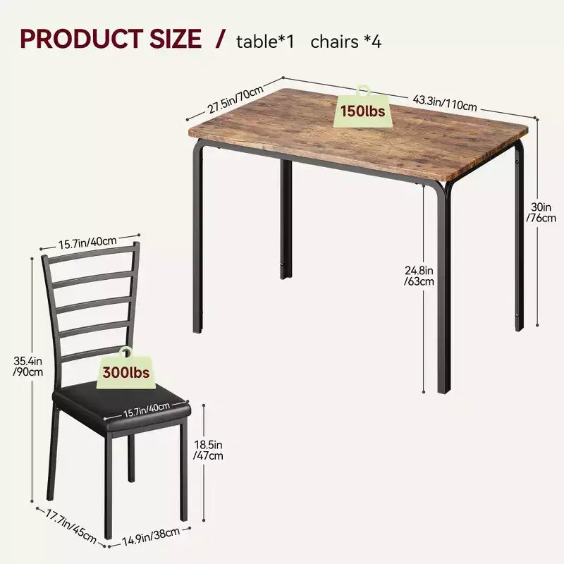 Set da 5 Pezzi per Cucina Sala da Pranzo, Tavolo e Sedie con Struttura in Metallo e Piano in Legno, Tavolo da Pranzo Quadrato, Facile da Montare, per la Casa