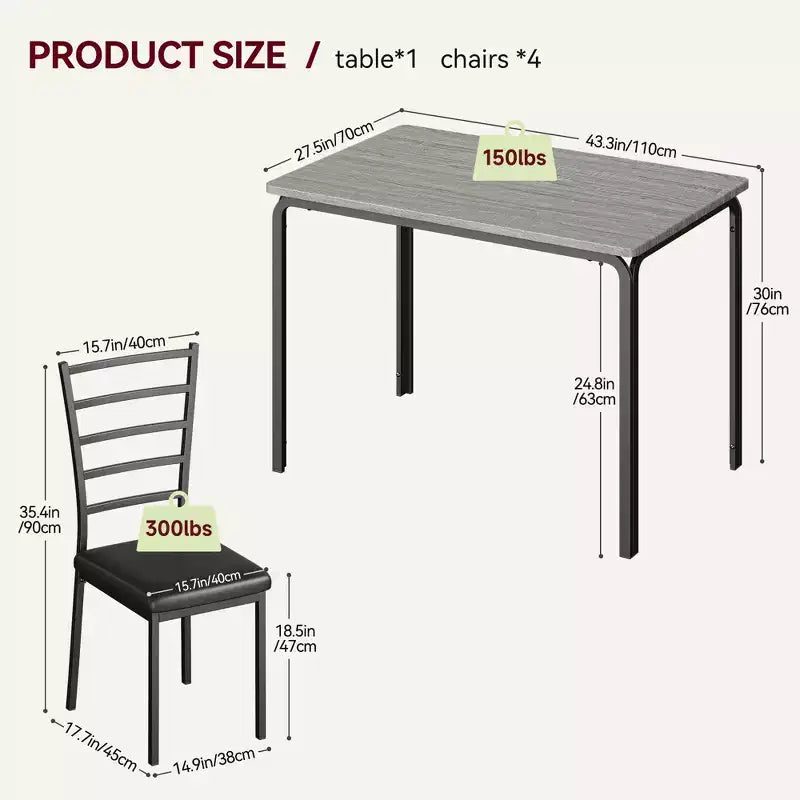 Set da 5 Pezzi per Cucina Sala da Pranzo, Tavolo e Sedie con Struttura in Metallo e Piano in Legno, Tavolo da Pranzo Quadrato, Facile da Montare, per la Casa
