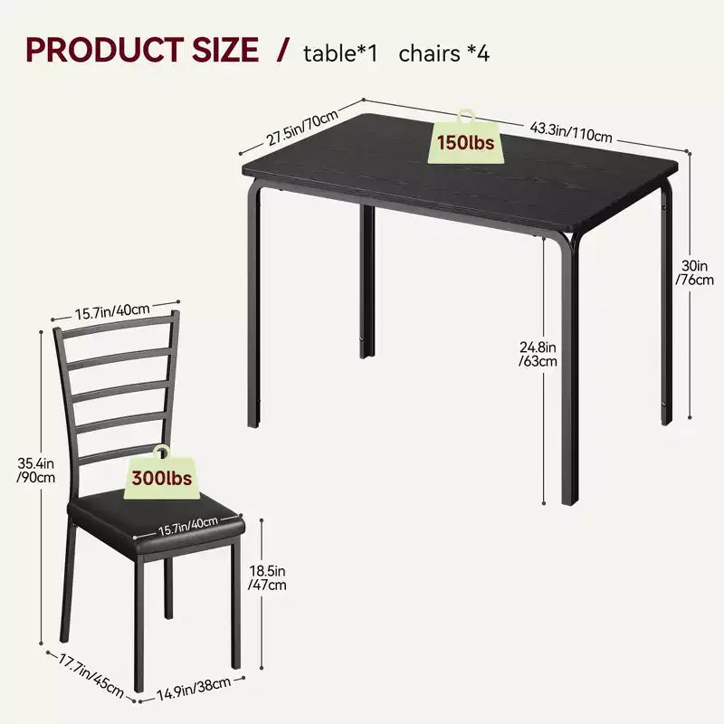 Set da 5 Pezzi per Cucina Sala da Pranzo, Tavolo e Sedie con Struttura in Metallo e Piano in Legno, Tavolo da Pranzo Quadrato, Facile da Montare, per la Casa