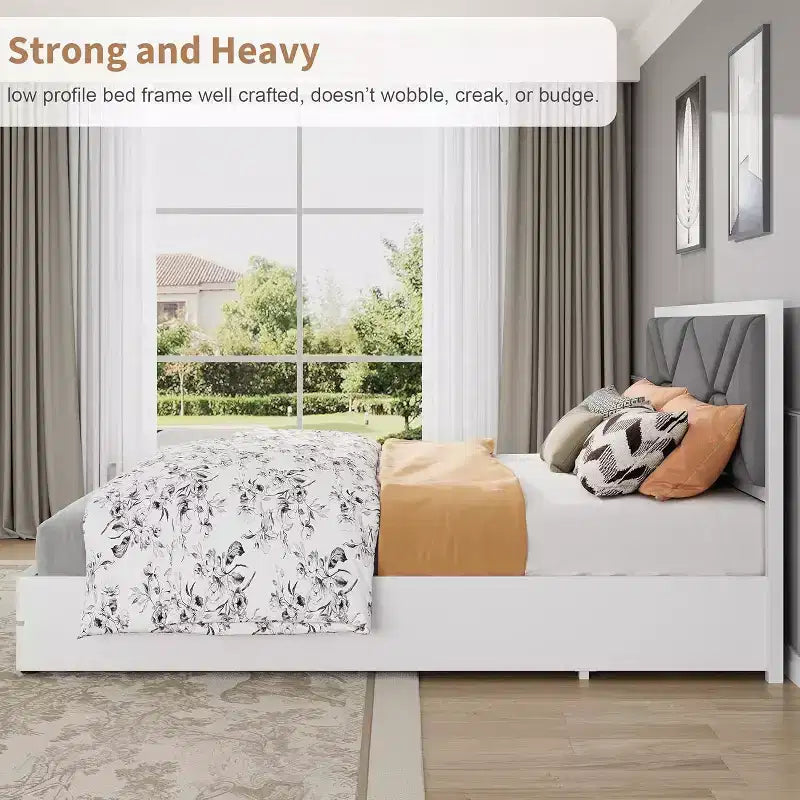 COZONY Wooden Bed Frame with Upholstered Headboard, Strong Wooden Slats No Box Spring Needed