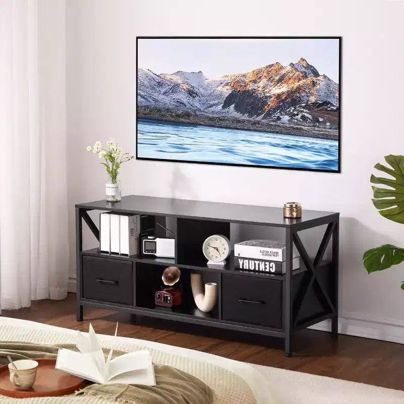 Mobile TV con cassetto in ferro, legno e tessuto - Grande, Cassetti eleganti in tessuto, Struttura durevole in ferro e legno, Ampio spazio di archiviazione, Design moderno