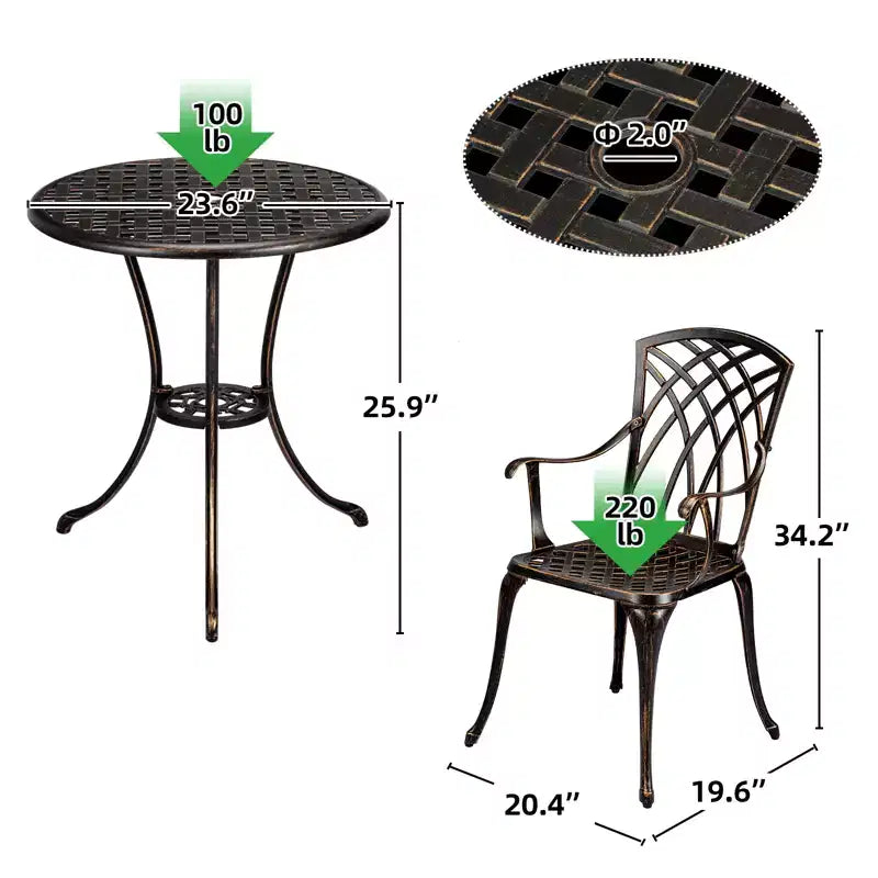 COZONY Set Bistrot da Giardino 3 Pezzi in Alluminio Pressofuso, Tavolo e Sedie con Foro per Ombrellone, Piedini Regolabili, Nero e Bronzo