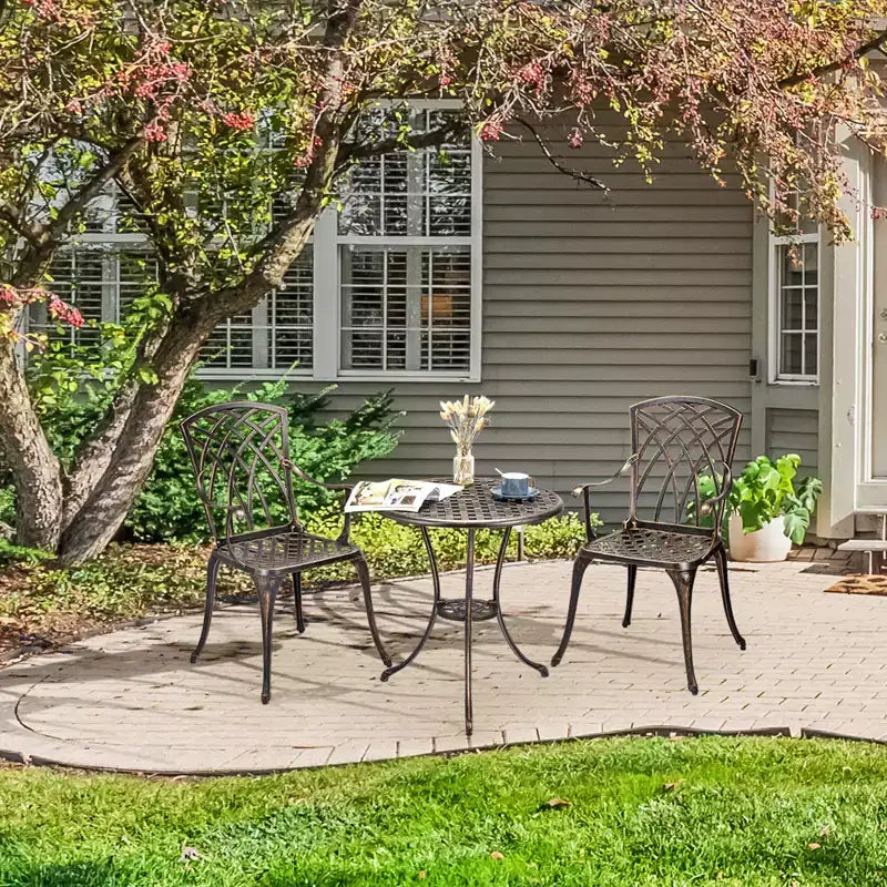 COZONY Set Bistrot da Giardino 3 Pezzi in Alluminio Pressofuso, Tavolo e Sedie con Foro per Ombrellone, Piedini Regolabili, Nero e Bronzo