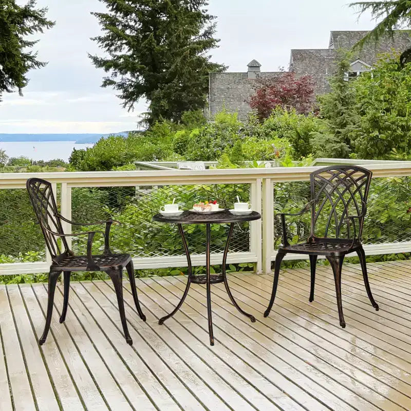 COZONY Set Bistrot da Giardino 3 Pezzi in Alluminio Pressofuso, Tavolo e Sedie con Foro per Ombrellone, Piedini Regolabili, Nero e Bronzo