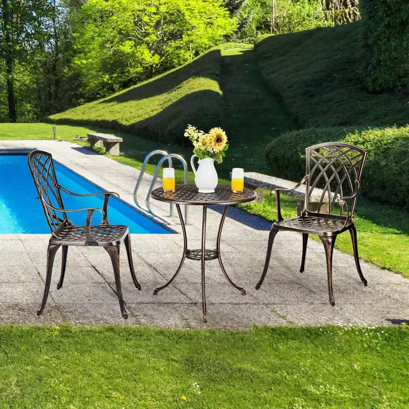 COZONY Set Bistrot da Giardino 3 Pezzi in Alluminio Pressofuso, Tavolo e Sedie con Foro per Ombrellone, Piedini Regolabili, Nero e Bronzo