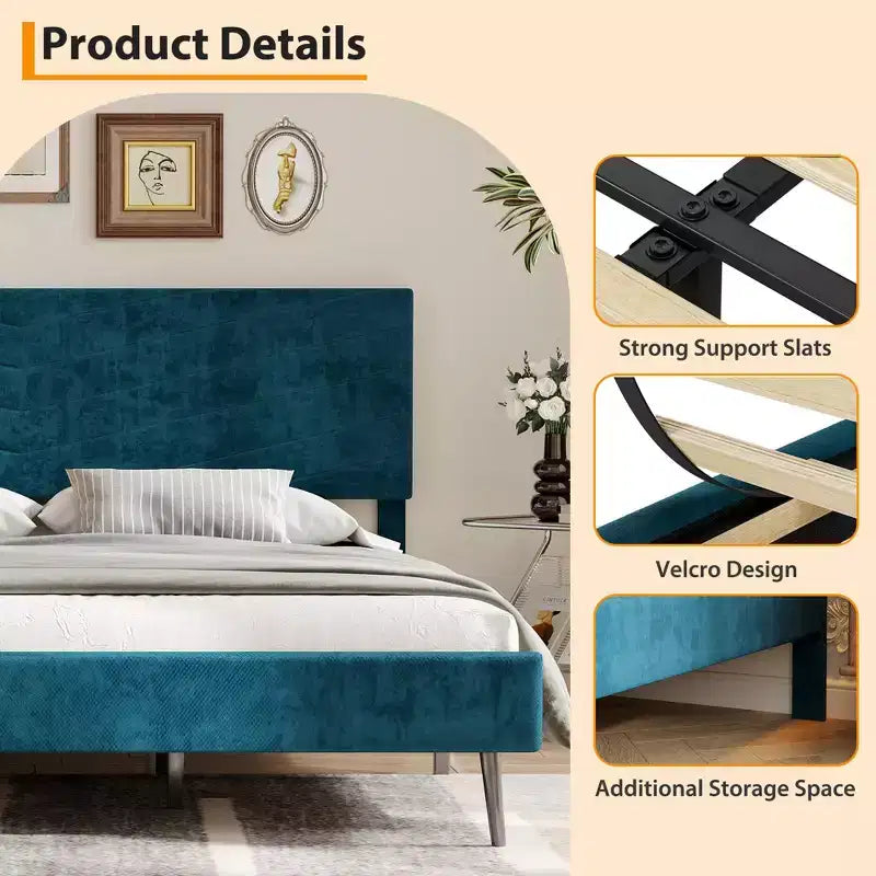 King-size bed frame, velvet upholstered platform bed, modern style bed frame, slatted support, adjustable headboard, no box spring needed