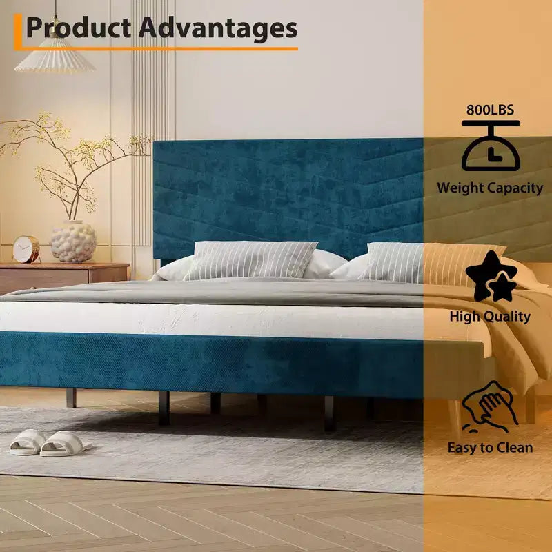 King-size bed frame, velvet upholstered platform bed, modern style bed frame, slatted support, adjustable headboard, no box spring needed